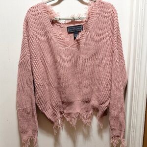 Polly & Esther Pink V-Neck Frayed Sweater size large colored pink